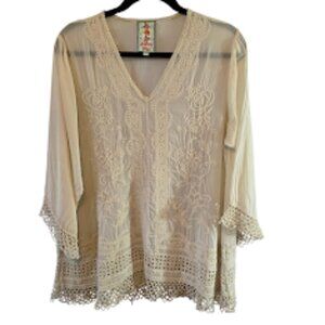 JOHNNY WAS FLORAL EMBROIDERED TUNIC TOP SIZE MEDIUM IVORY RELAXED SHEER LACE